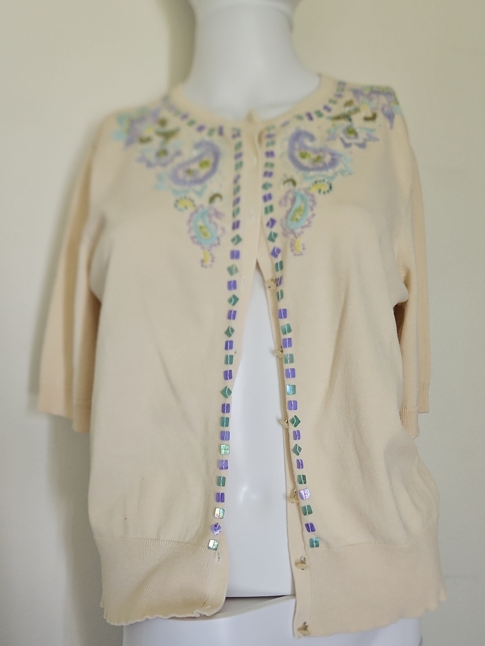 Embellished Cream Short-Sleeve Women's Cardigan Sweater